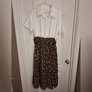SHEIN White Collared Top with Brown Leopard Midi Skirt Dress